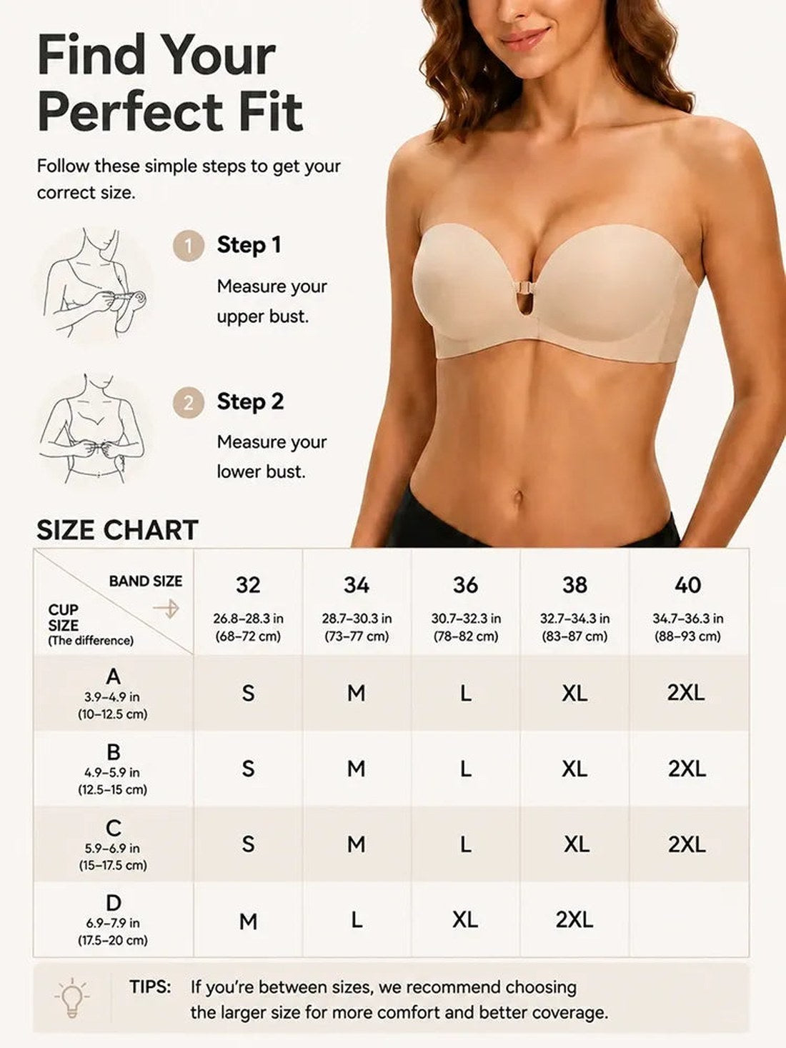 Find your size: cup sizes mapped to S through 2XL