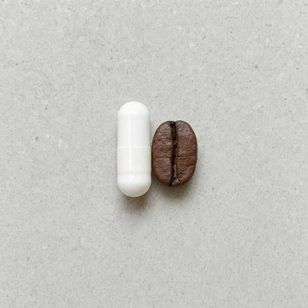 One capsule beside a coffee bean, for scale