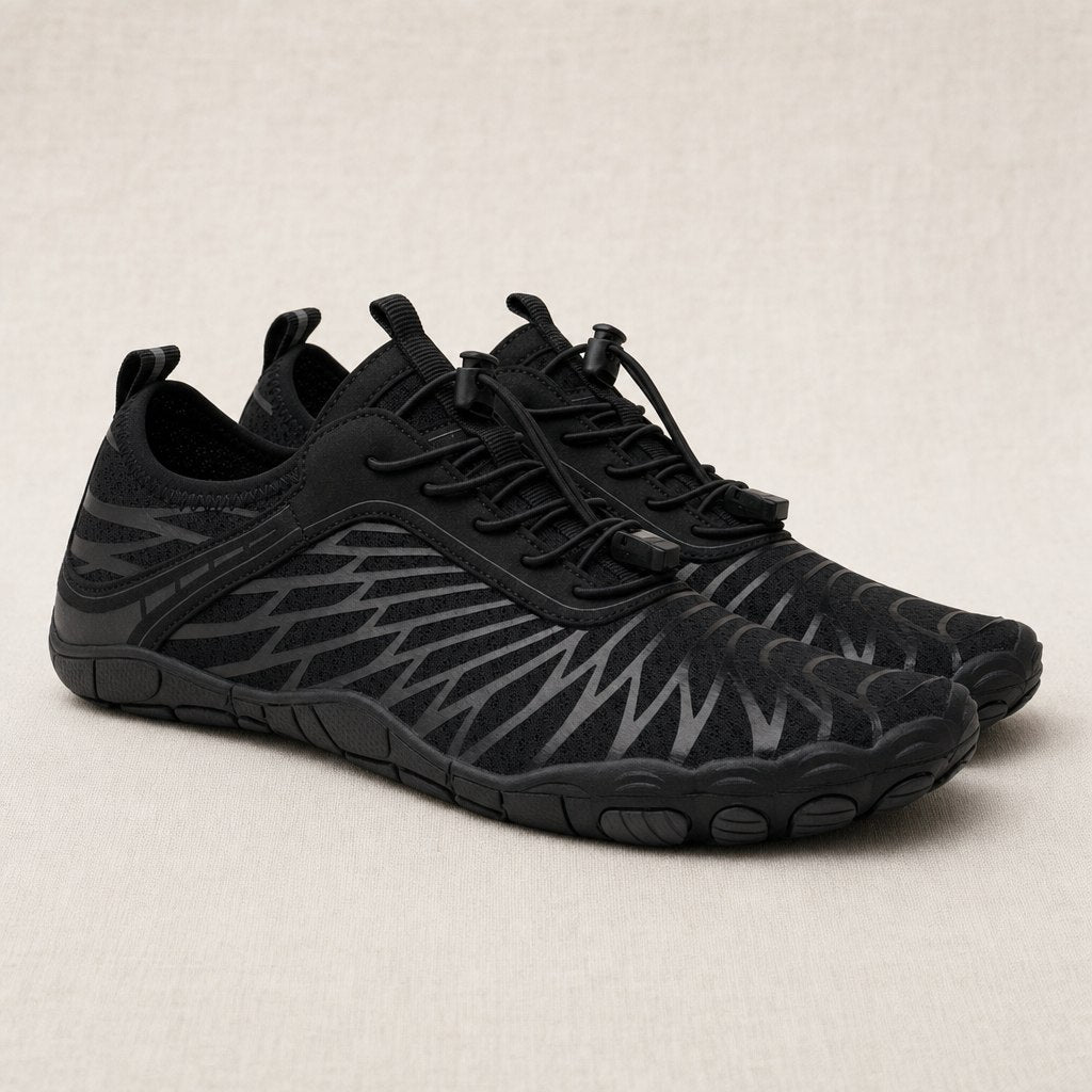 Black barefoot shoes, pair, three-quarter view