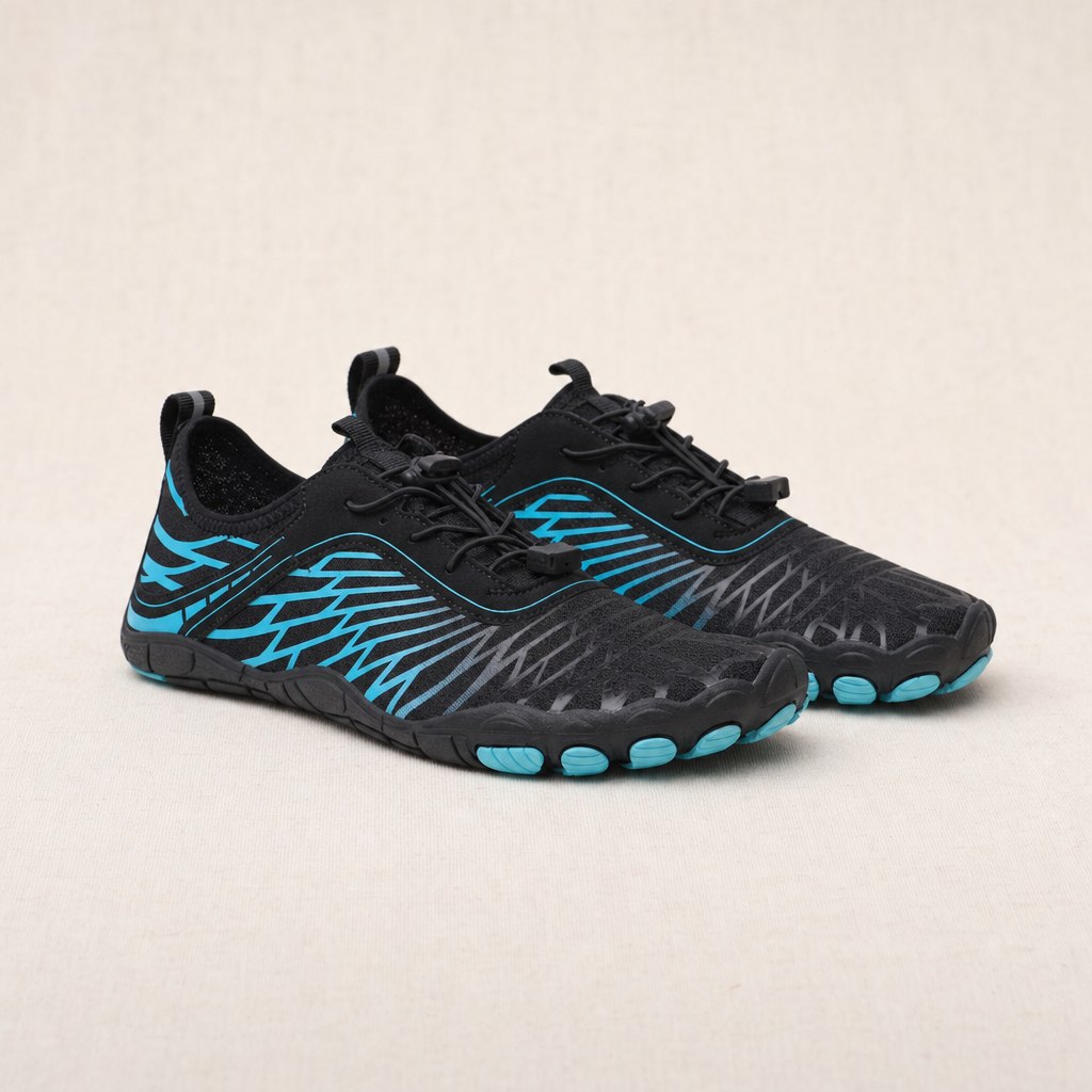 Black and turquoise barefoot shoes, pair