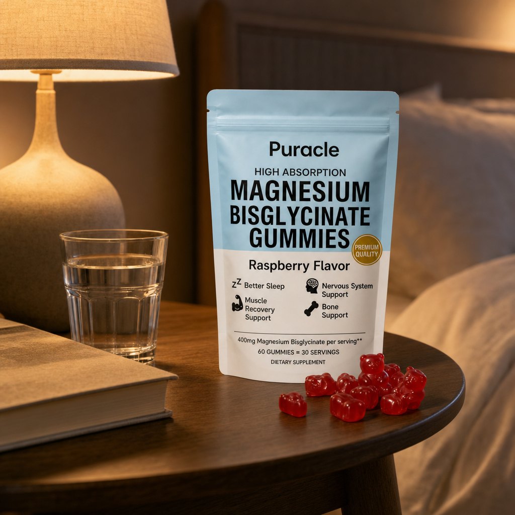 The pouch on a bedside table with the lamp on