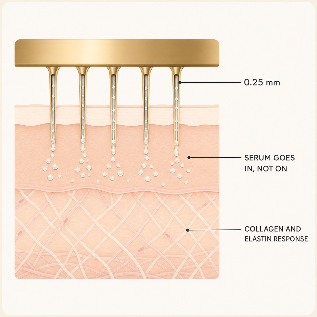 Cross-section: the needles passing the surface layer, serum below it