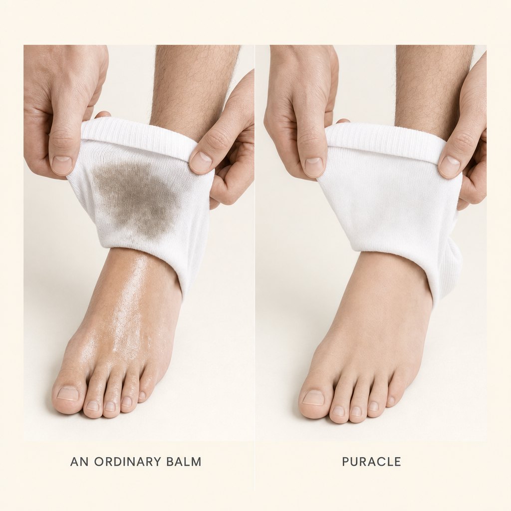 A cotton sock lifted away from treated skin, no mark on it