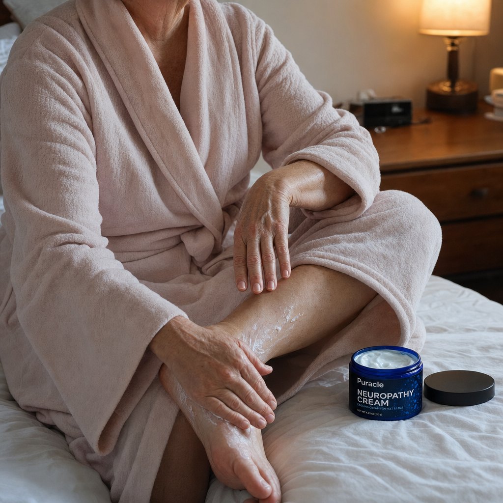 Working the cream into the top of a foot on the edge of a bed