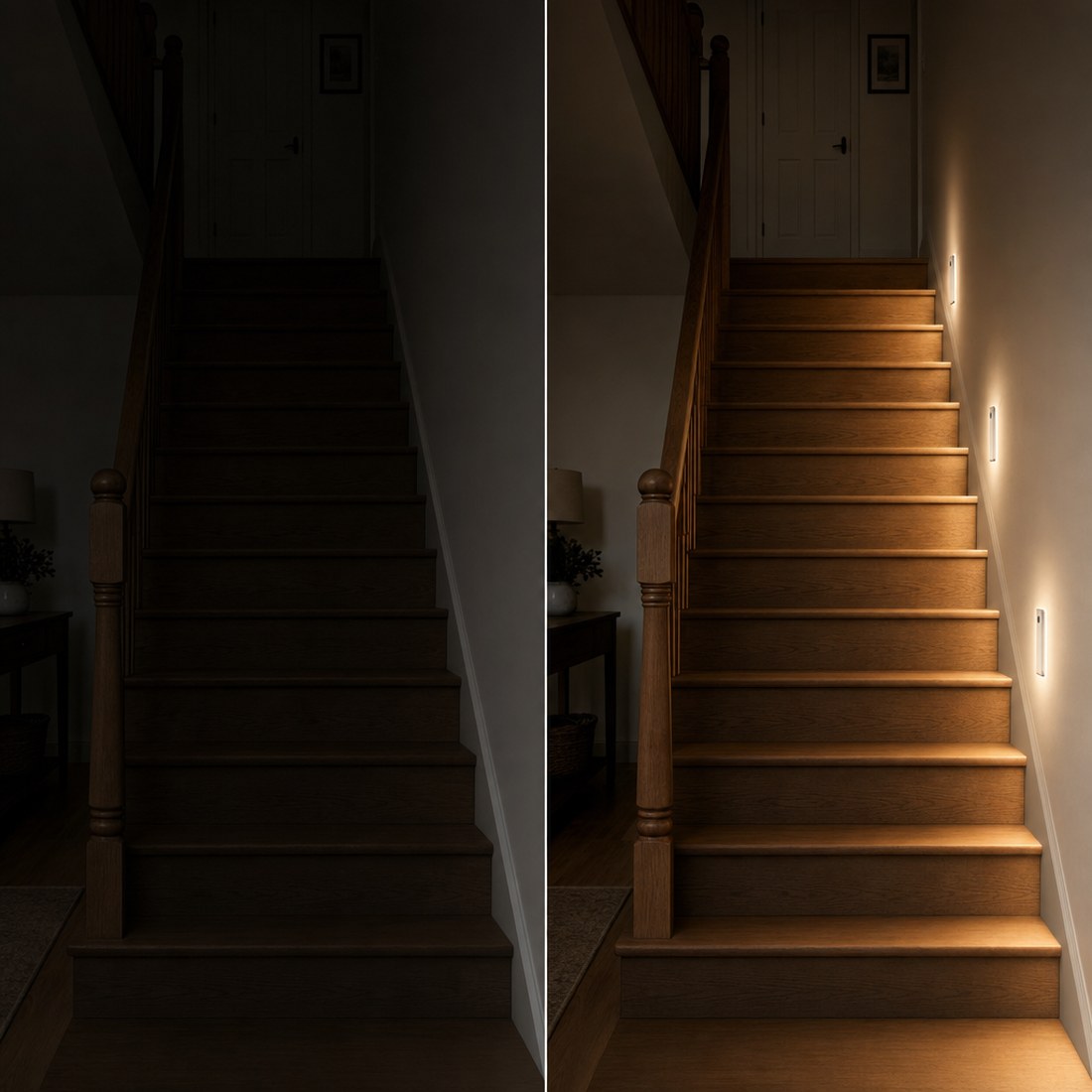 The same staircase at night, unlit and then lit end to end
