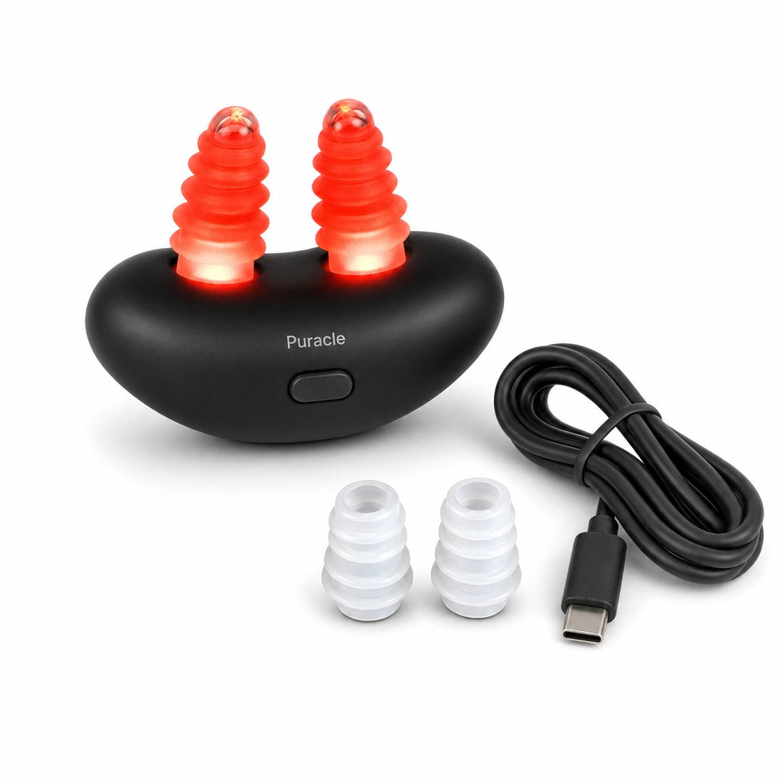 The device with its charging cable and both sets of nasal pads