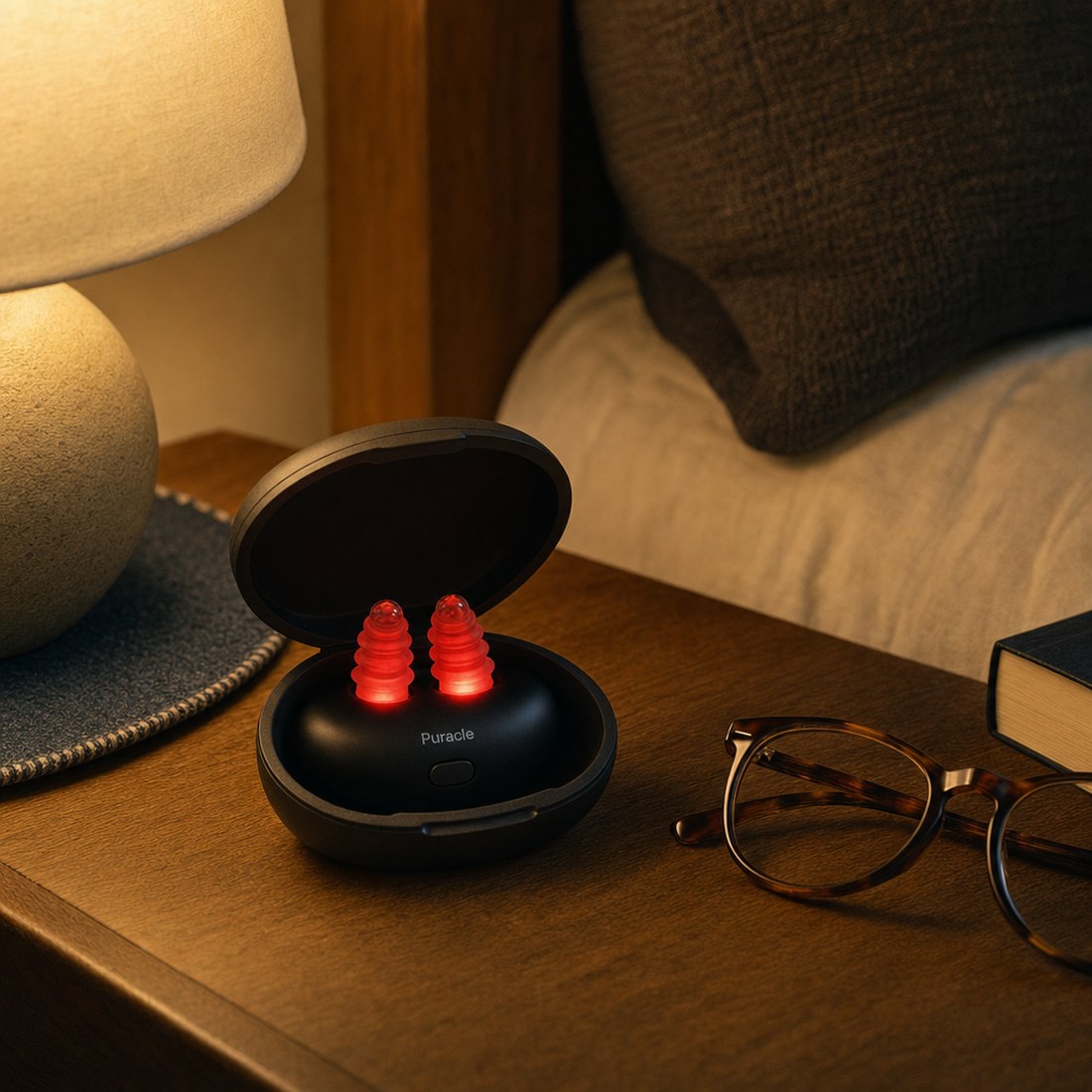 The device in its case, closed, next to a pair of glasses