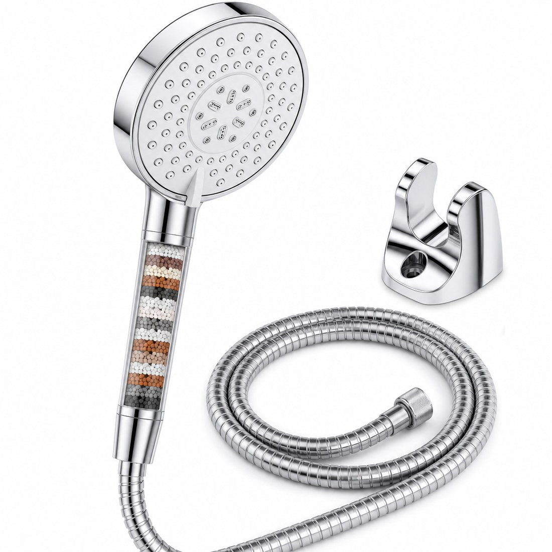Chrome handheld shower head with the filter beads visible in the handle