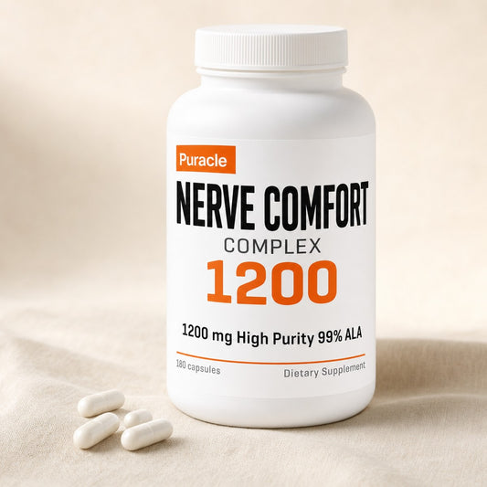 Nerve Comfort Complex bottle with capsules on a linen surface