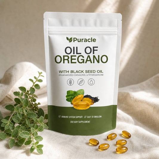 Puracle Oil of Oregano pouch on linen beside fresh oregano