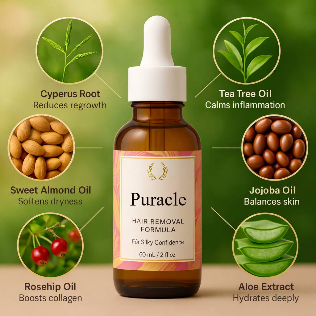Puracle Cyperus Rotundus hair removal formula, 60ml, with cyperus root, tea tree, sweet almond, jojoba, rosehip and aloe