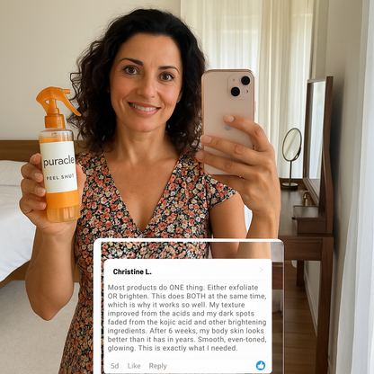 Customer holding the spray with review comment