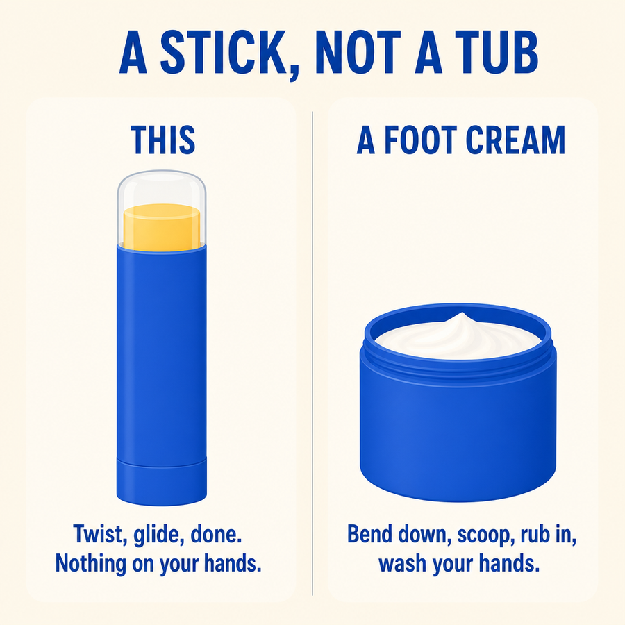 A twist-up stick beside an open tub of cream