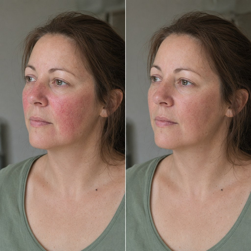 At the start and with use - a rosacea-type flush across the cheeks and nose