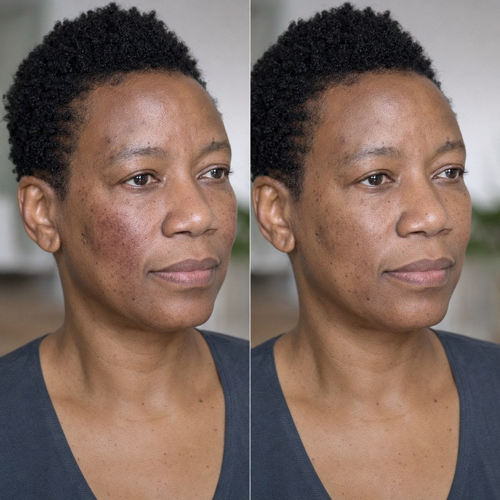 At the start and with use - dusky inflammation calming on deeper skin