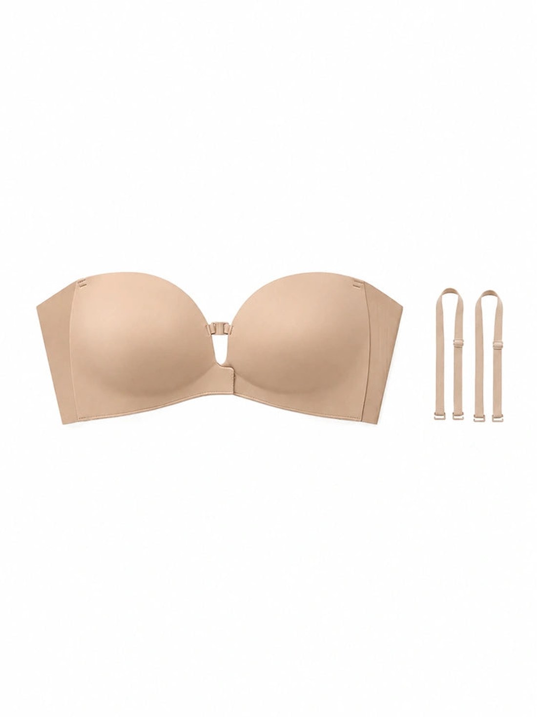 The bra flat with its detachable straps, in nude