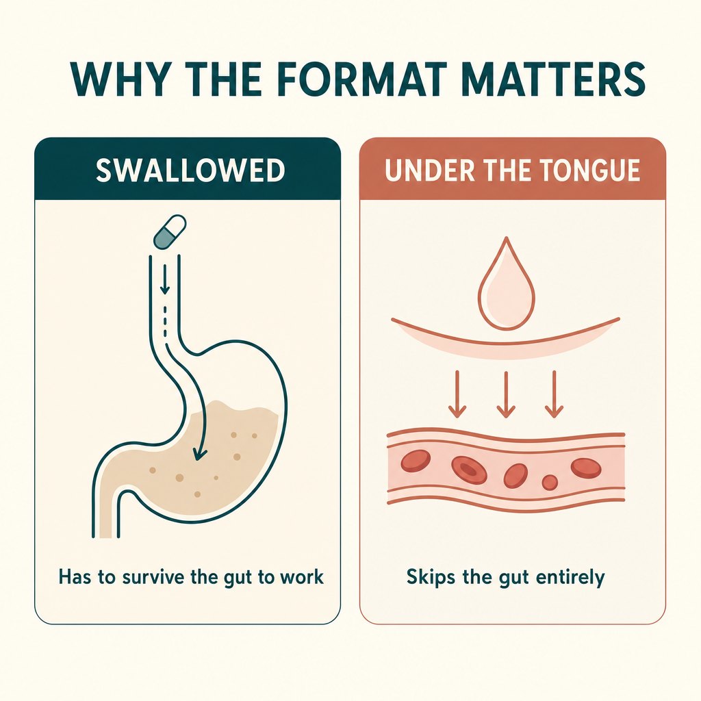 sublingual versus swallowed - the absorption route, side by side