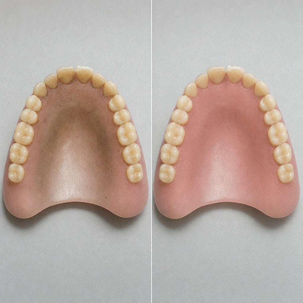 A full upper denture before and after one cycle
