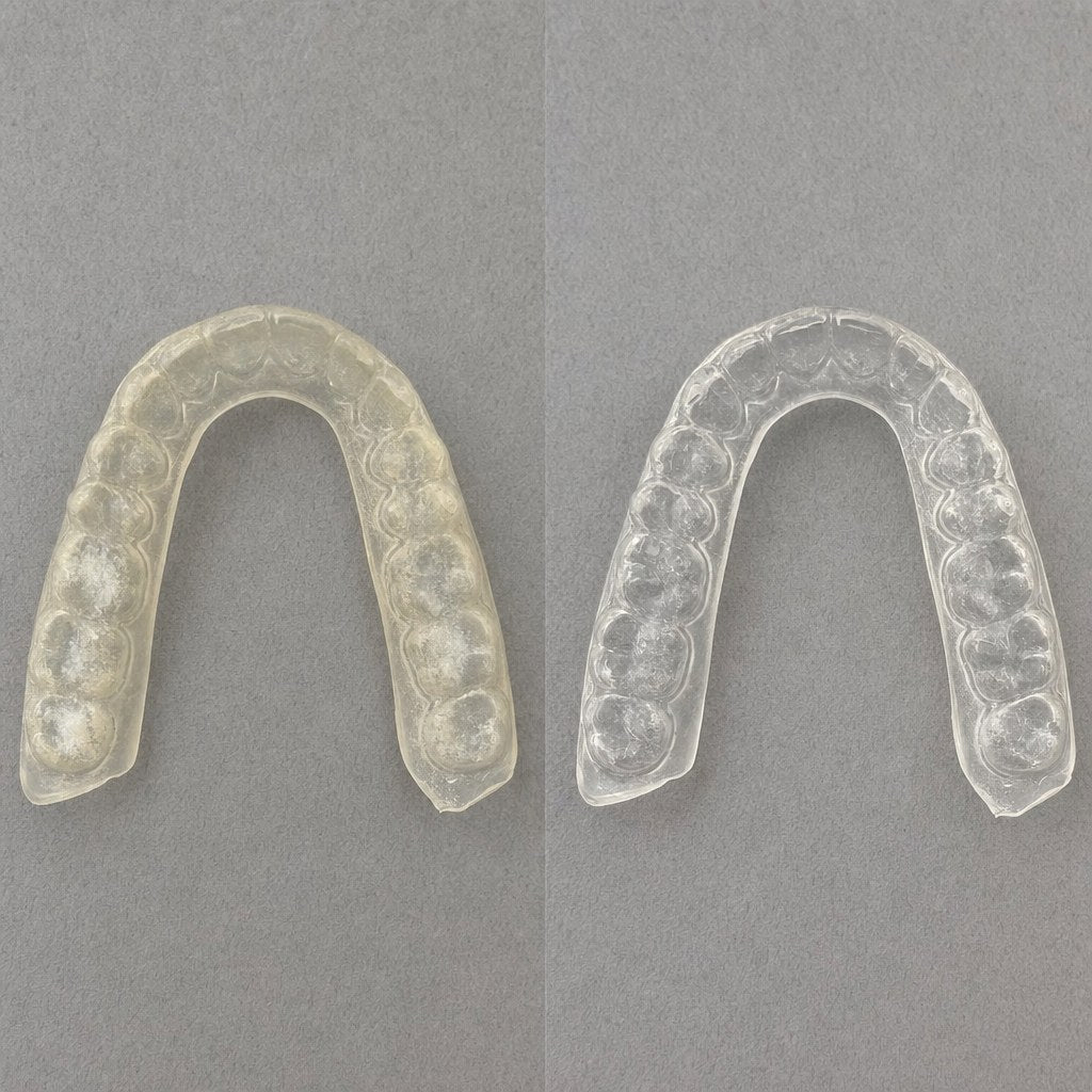 A clear night guard before and after one cycle
