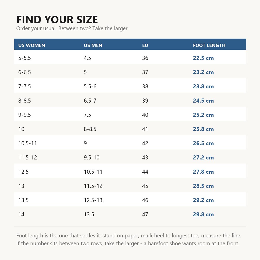Size chart with foot length in centimeters