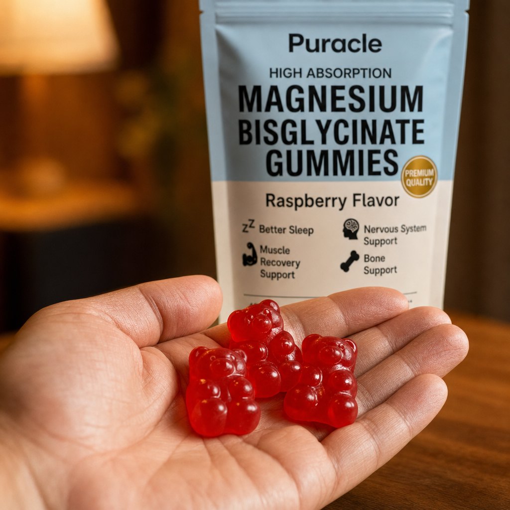 Raspberry gummies in a cupped hand