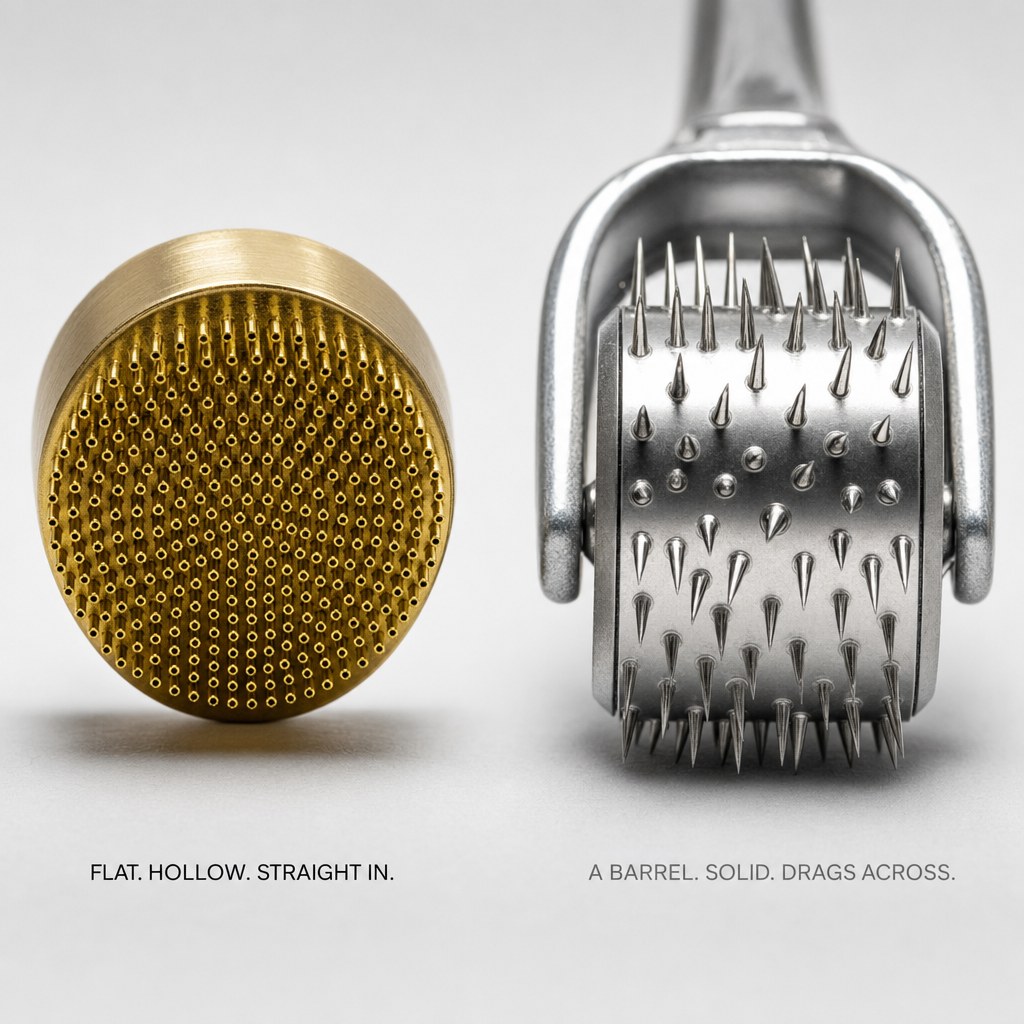 The flat gold needle head beside a derma roller head, at the same scale