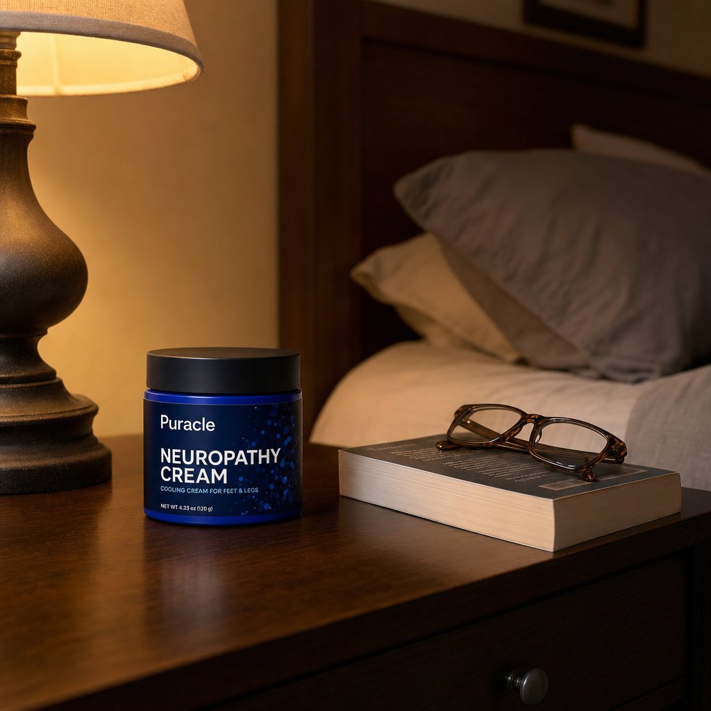 The open jar on a nightstand beside a lamp and reading glasses