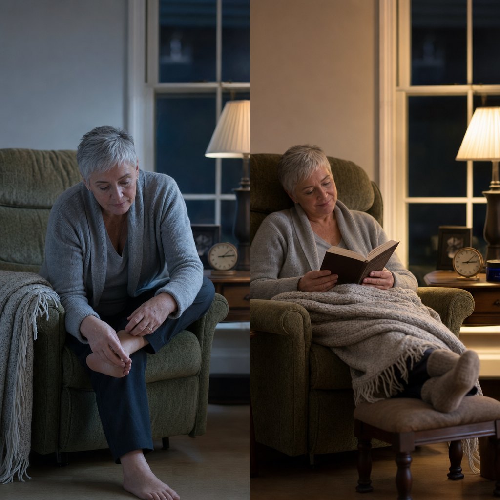 The same armchair on two different evenings, the jar on the side table