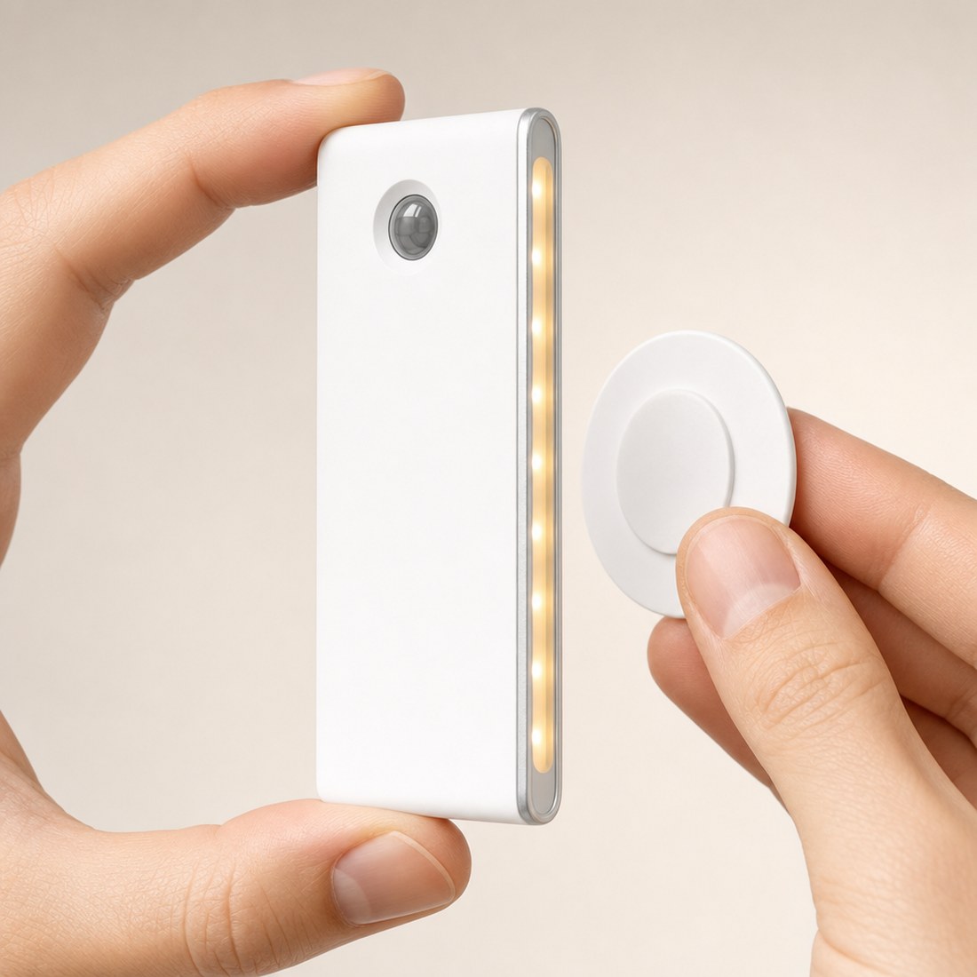 A light held in one hand beside its round adhesive wall plate