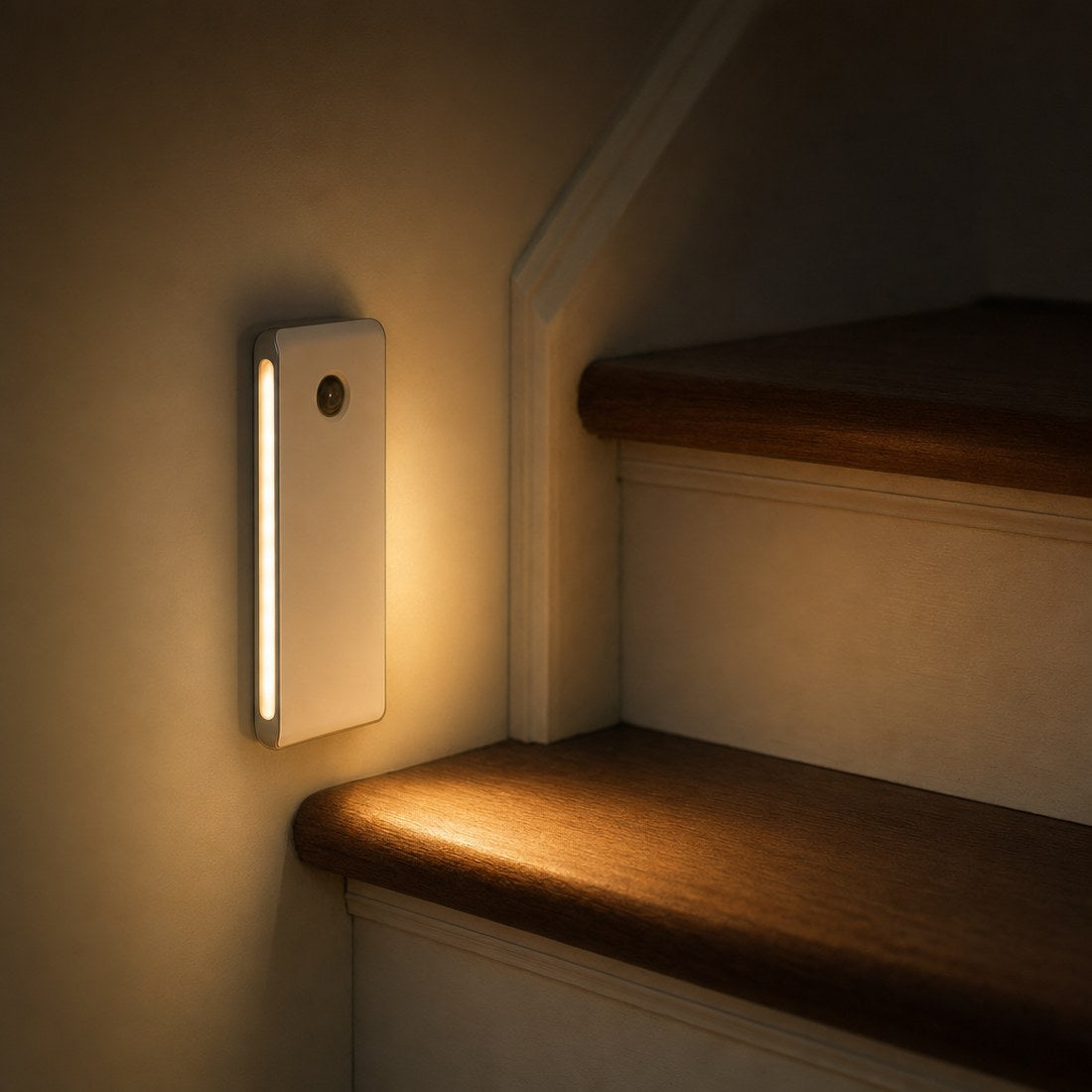 One light mounted on the wall beside a stair tread, lit at night