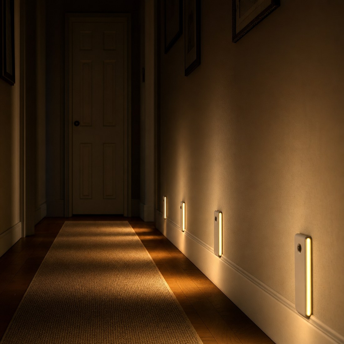 A hallway at night lit end to end by four lights along the skirting