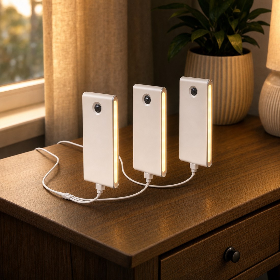 Three lights charging together on the shared USB-C cable