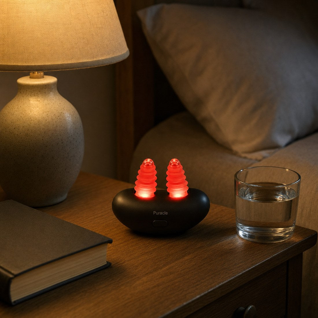 The device on a bedside table beside a lamp and a book