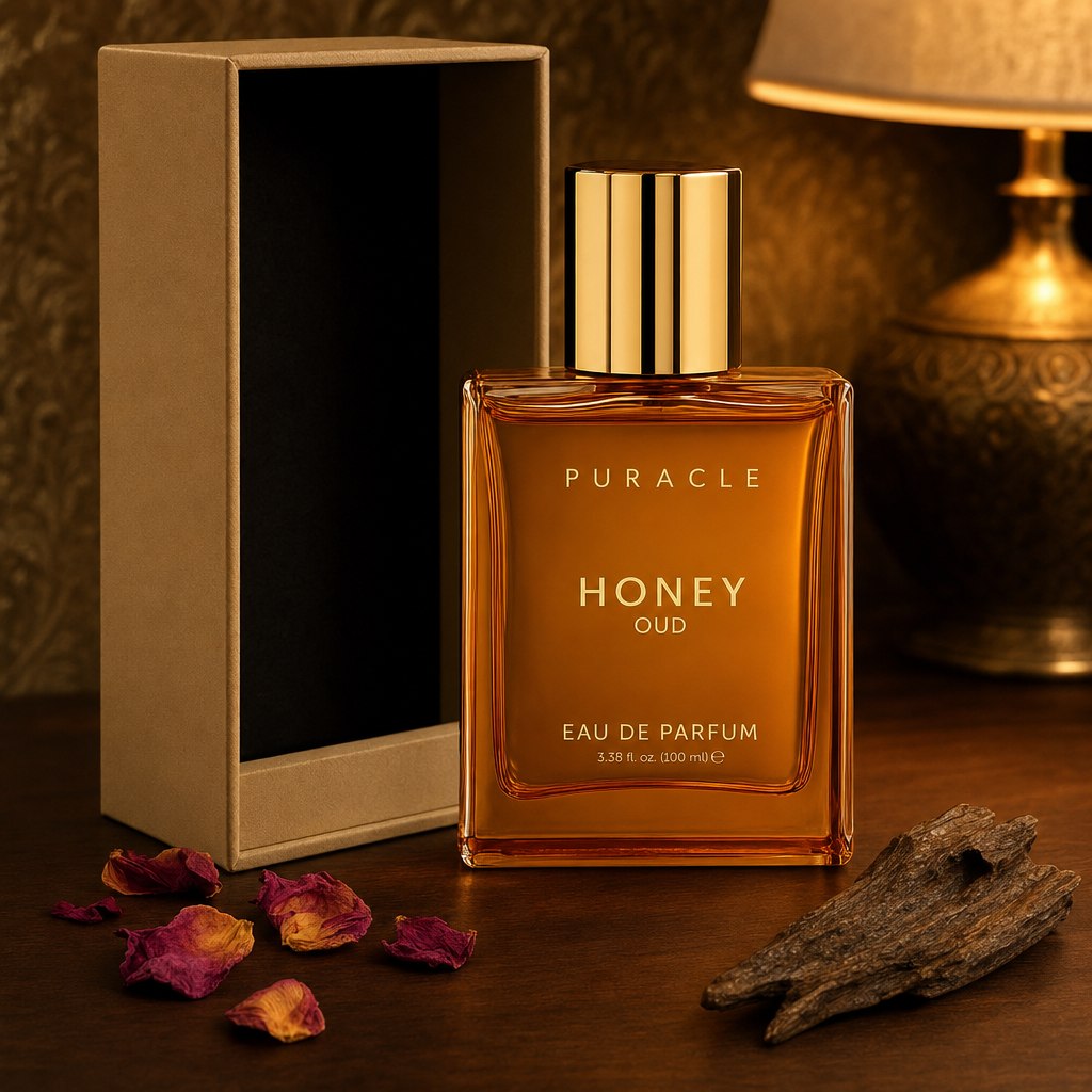 The bottle beside its box with oud wood and rose