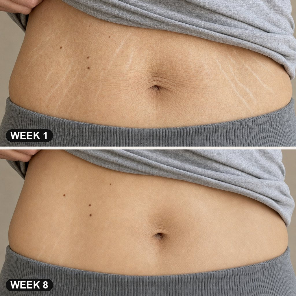 Customer photo, week one beside week eight