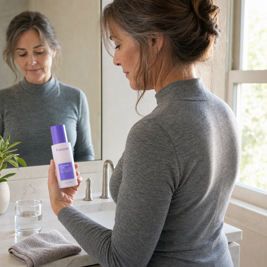 A woman at her bathroom counter holding the bottle