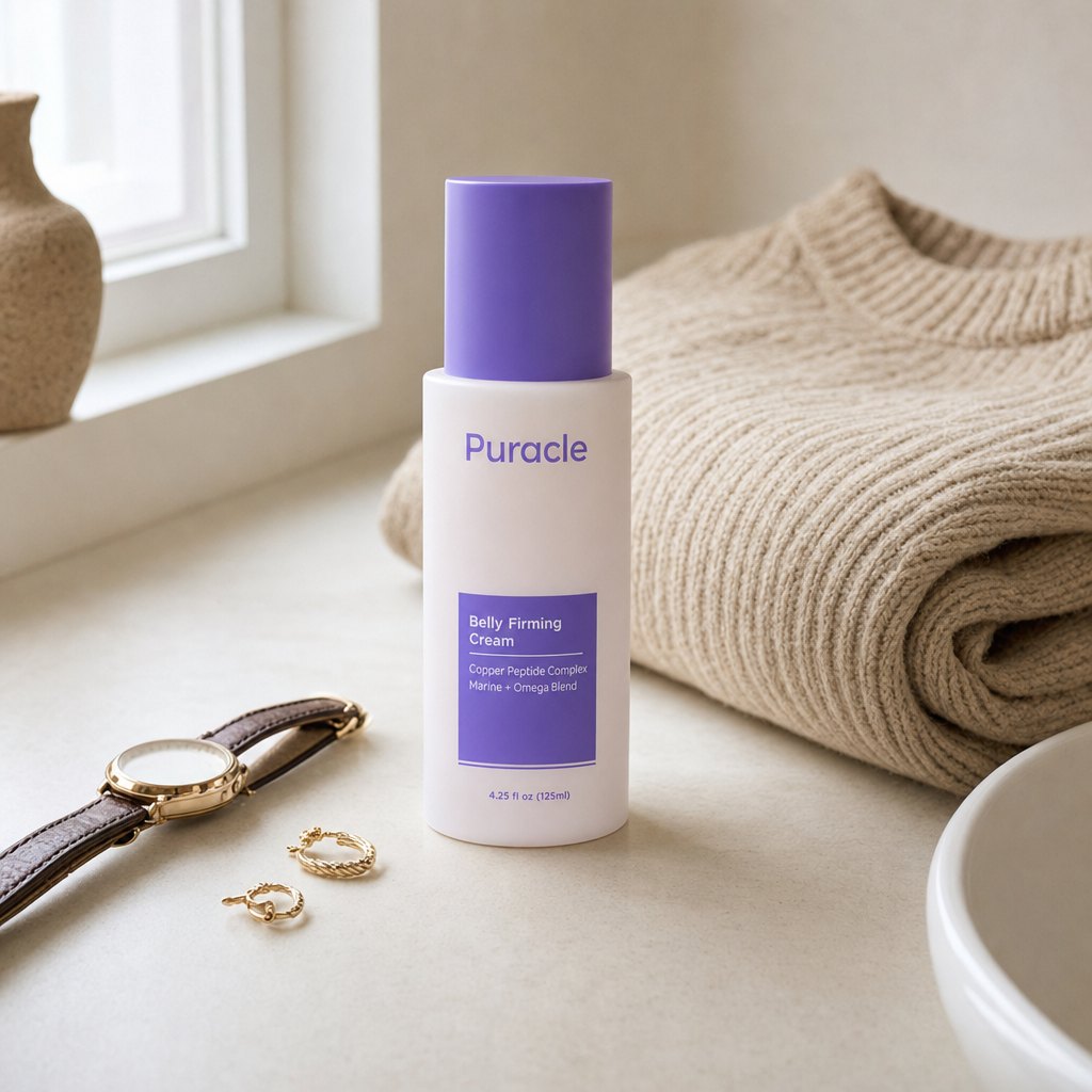 The bottle on a counter beside a folded sweater and a watch