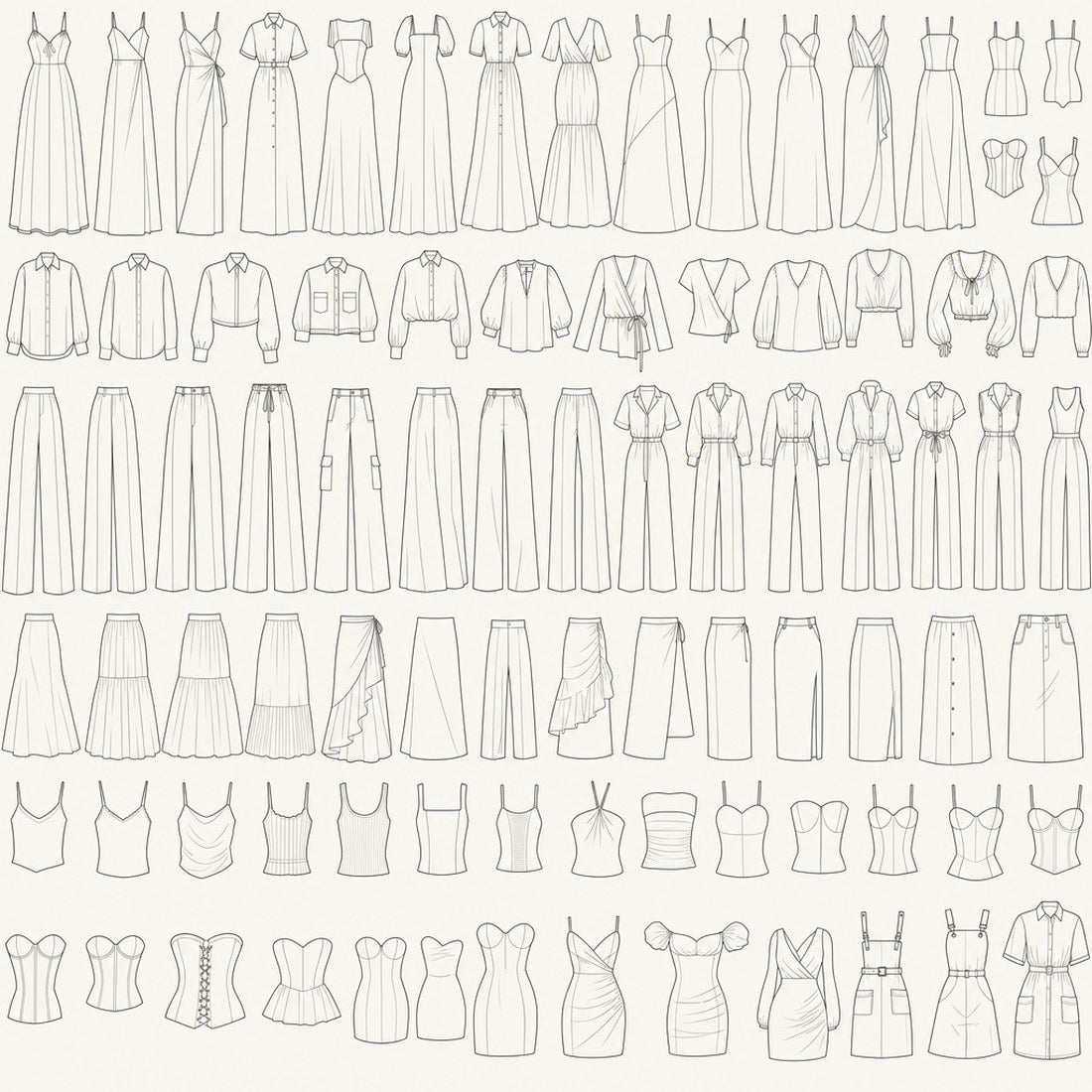 The full collection laid out as technical drawings, 126 patterns