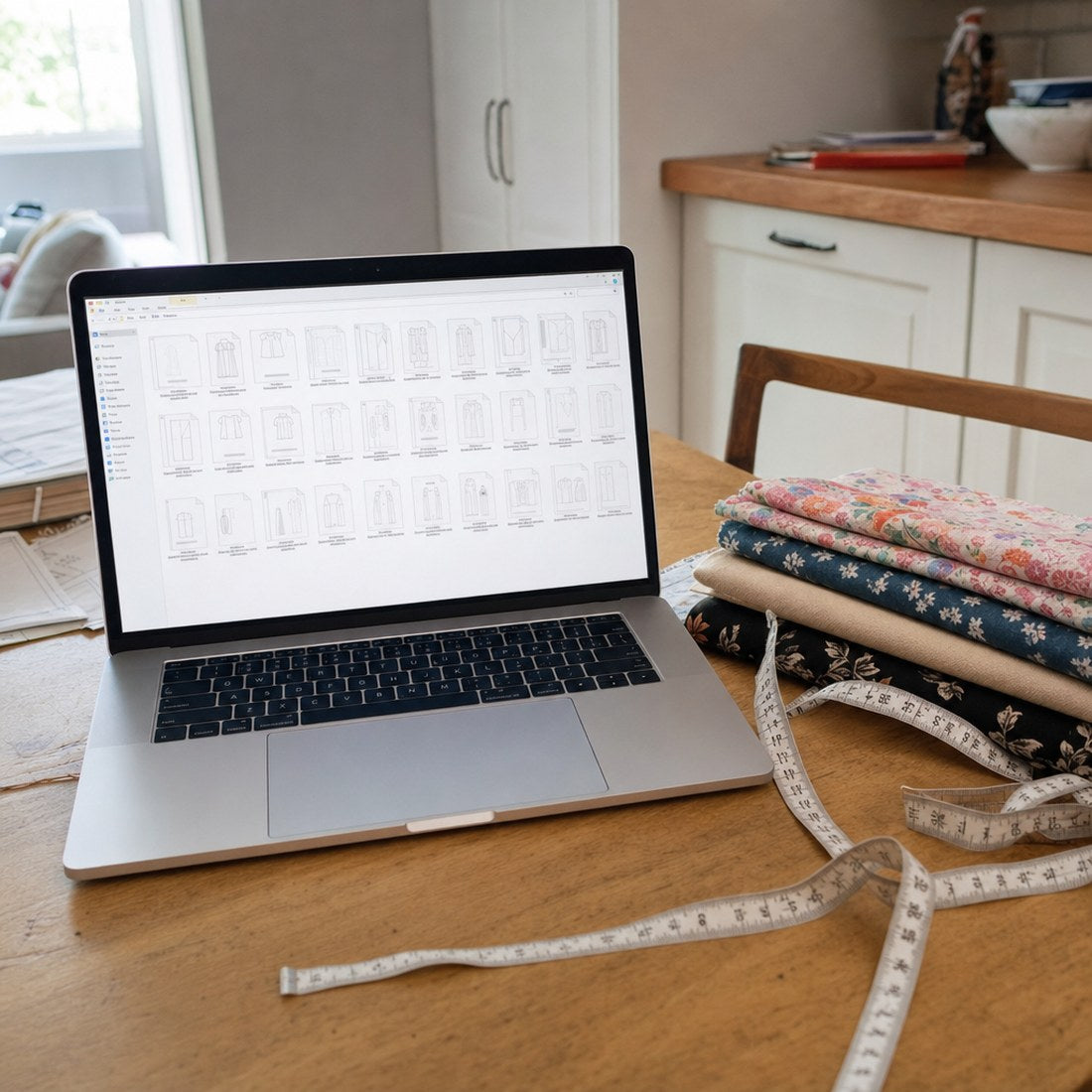 The folder on a laptop screen, patterns organised by garment