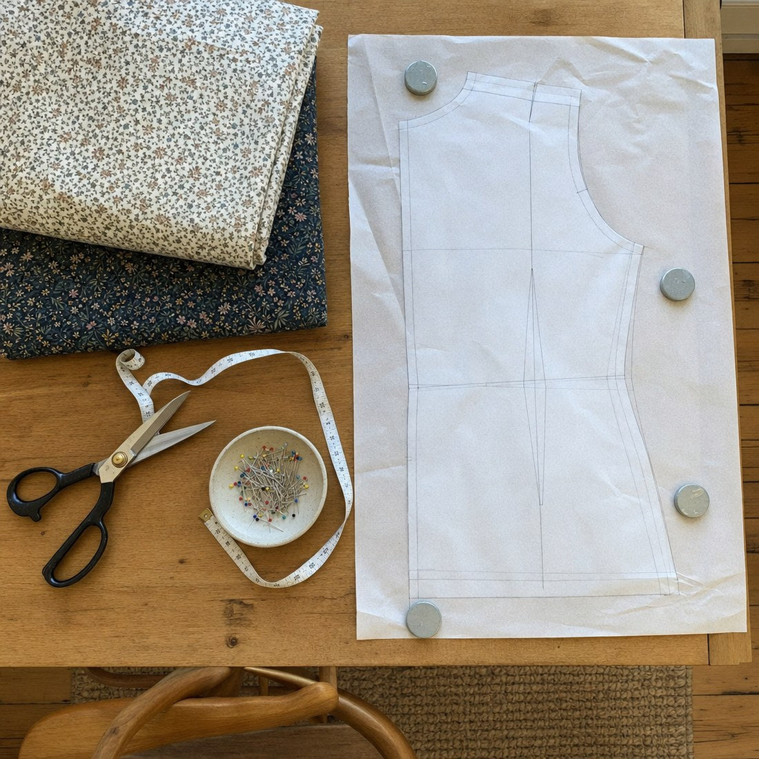 Fabric, scissors and a printed pattern piece on a cutting table