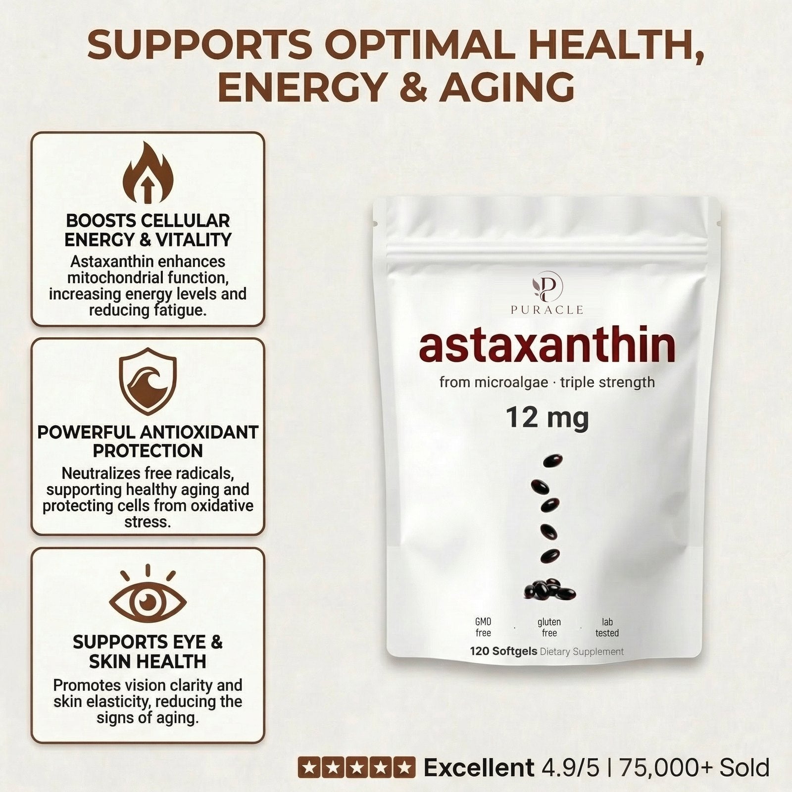 Natural astaxanthin from microalgae, at 12 mg