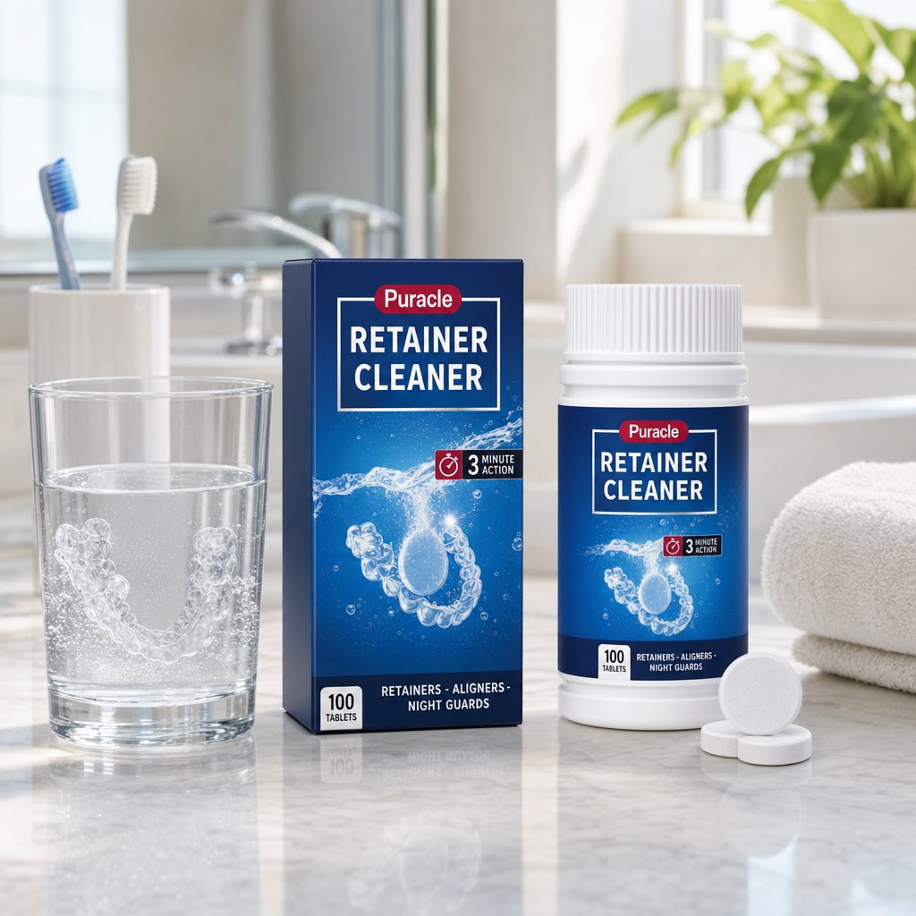 The bottle on a bathroom counter beside a soaking retainer