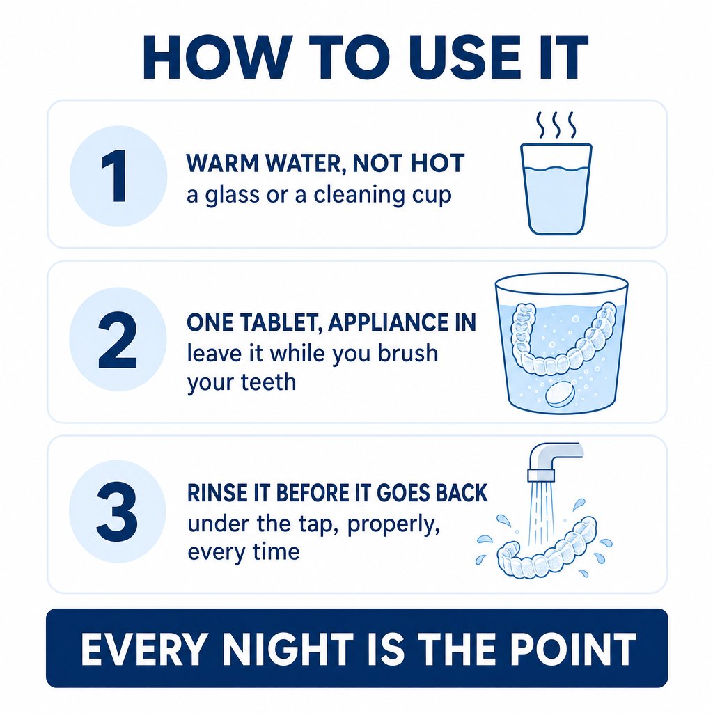 How to use it - warm water, one tablet, rinse