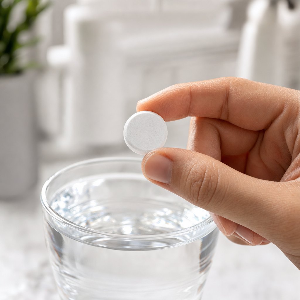 A single effervescent tablet held above a glass of water