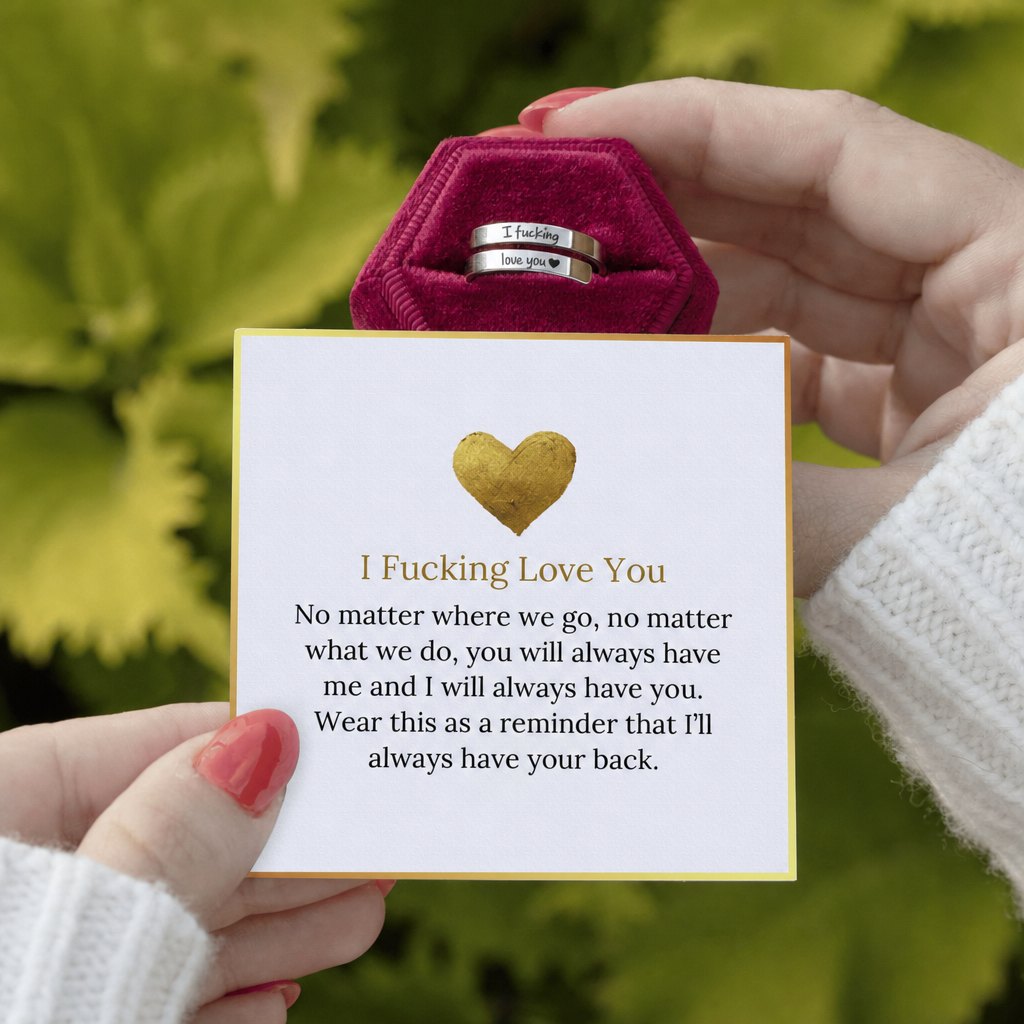 The ring, box and message card held in both hands