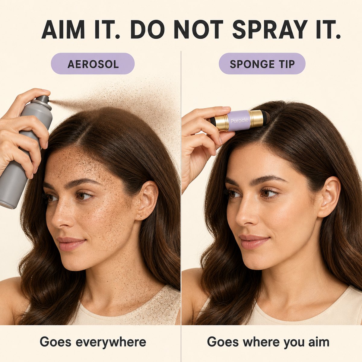 An aerosol drifting across the forehead and ear, beside a sponge tip pressed on one section of the part