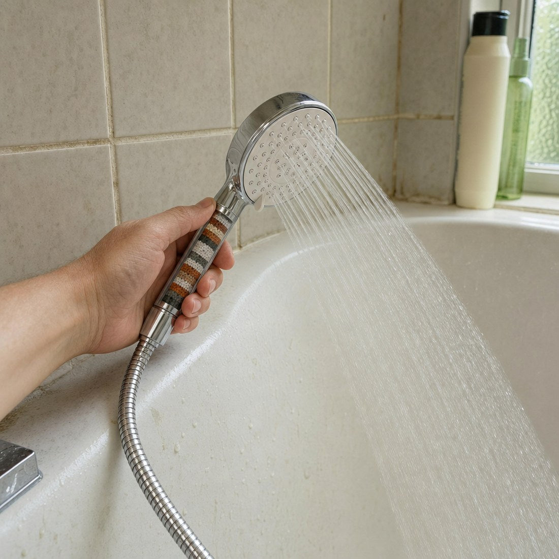 The head off its bracket, hose extended to rinse the far side of a tub