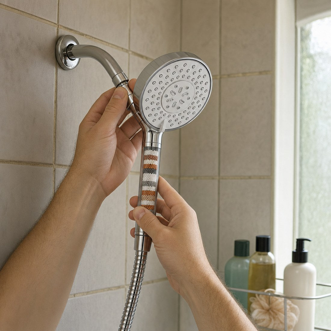 Threading the head onto a standard shower arm by hand, no tools