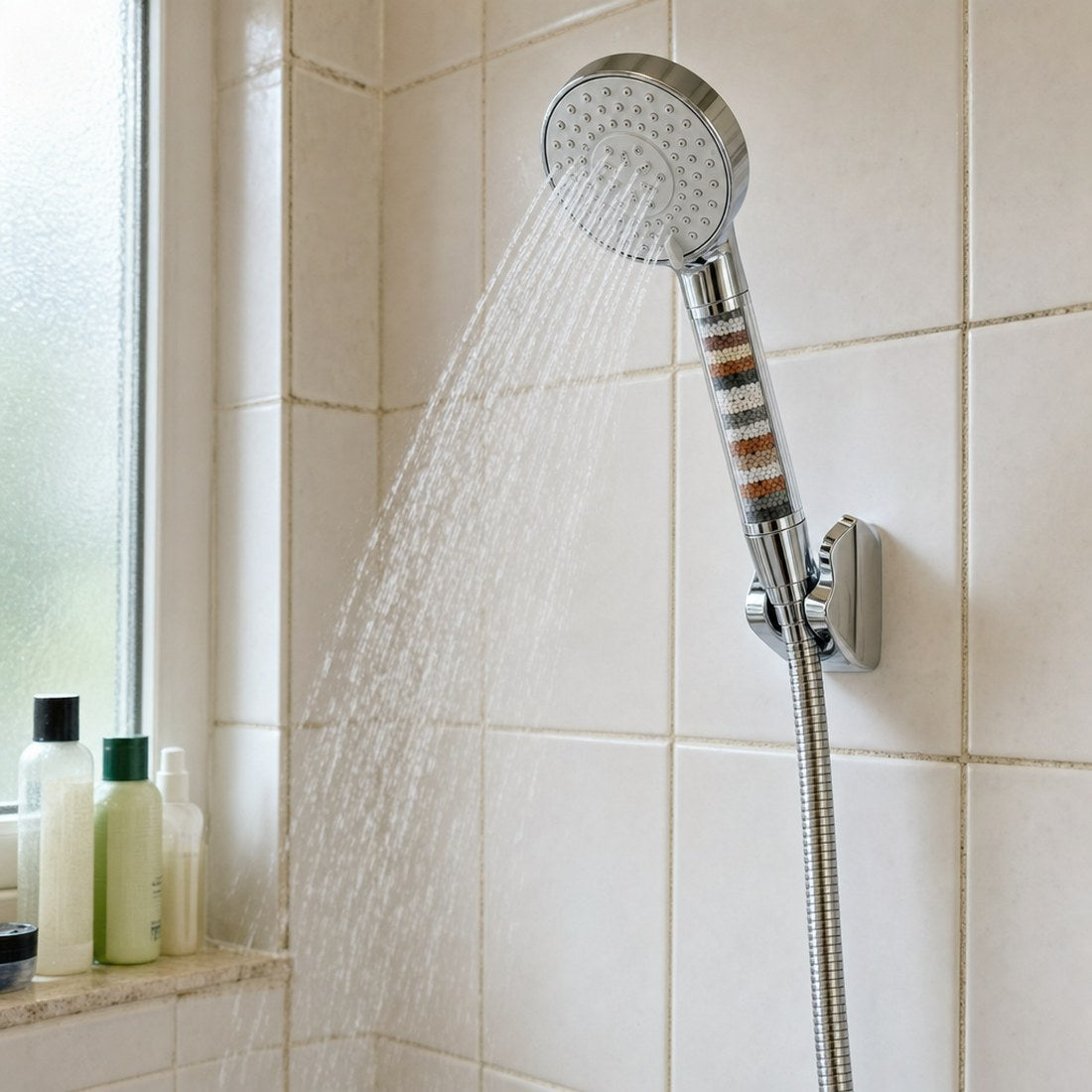 The head on its bracket in a tiled shower, running