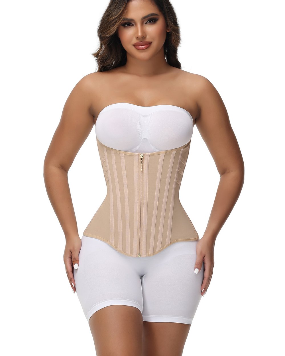 The corset worn, front, in Tan